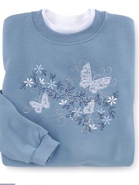 NWT Country Store Embellished Lace Blue Butterflies Crewneck Sweater, Medium
